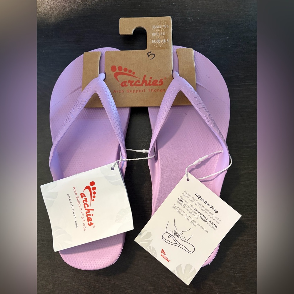 Purple Archie’s flip flops supportive sandals, size 5
